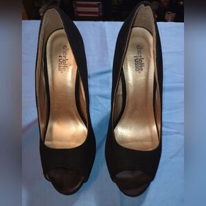 Charlotte Russe black velvet 5" open toe heels, size 8